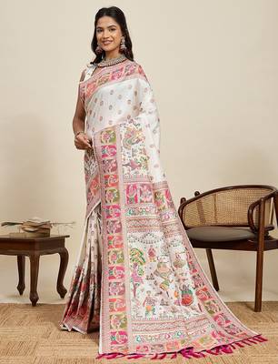white silk blend blend printed saree with blouse 2