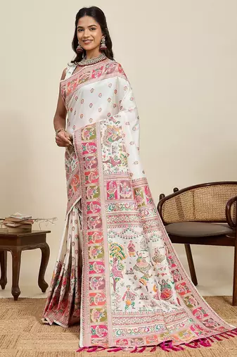 white silk blend blend printed saree with blouse