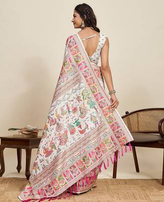 white silk blend blend printed saree with blouse 3