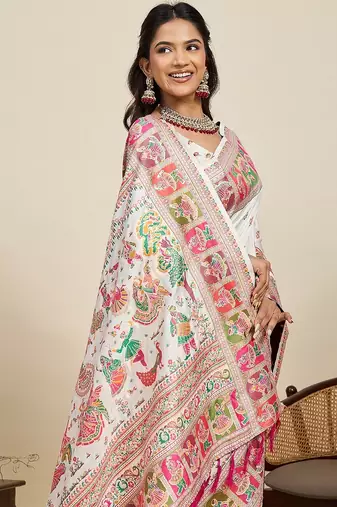 white silk blend blend printed saree with blouse