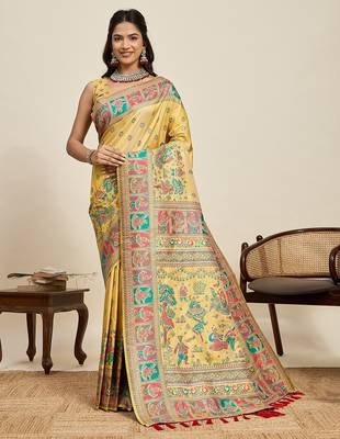 yellow silk blend blend printed saree with blouse 1