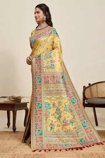 yellow silk blend blend printed saree with blouse