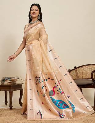 cream silk blend printed saree with blouse 1