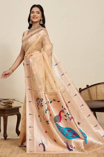 cream silk blend printed saree with blouse