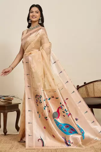 cream silk blend printed saree with blouse