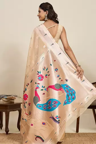 cream silk blend printed saree with blouse