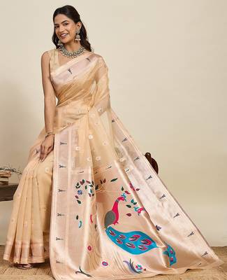 cream silk blend printed saree with blouse 3