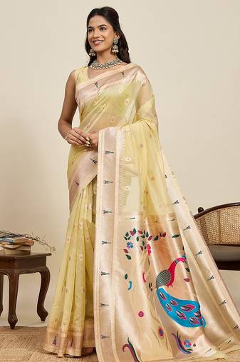 lemon silk blend printed saree with blouse