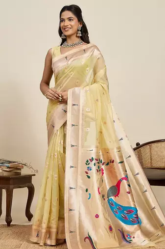 lemon silk blend printed saree with blouse
