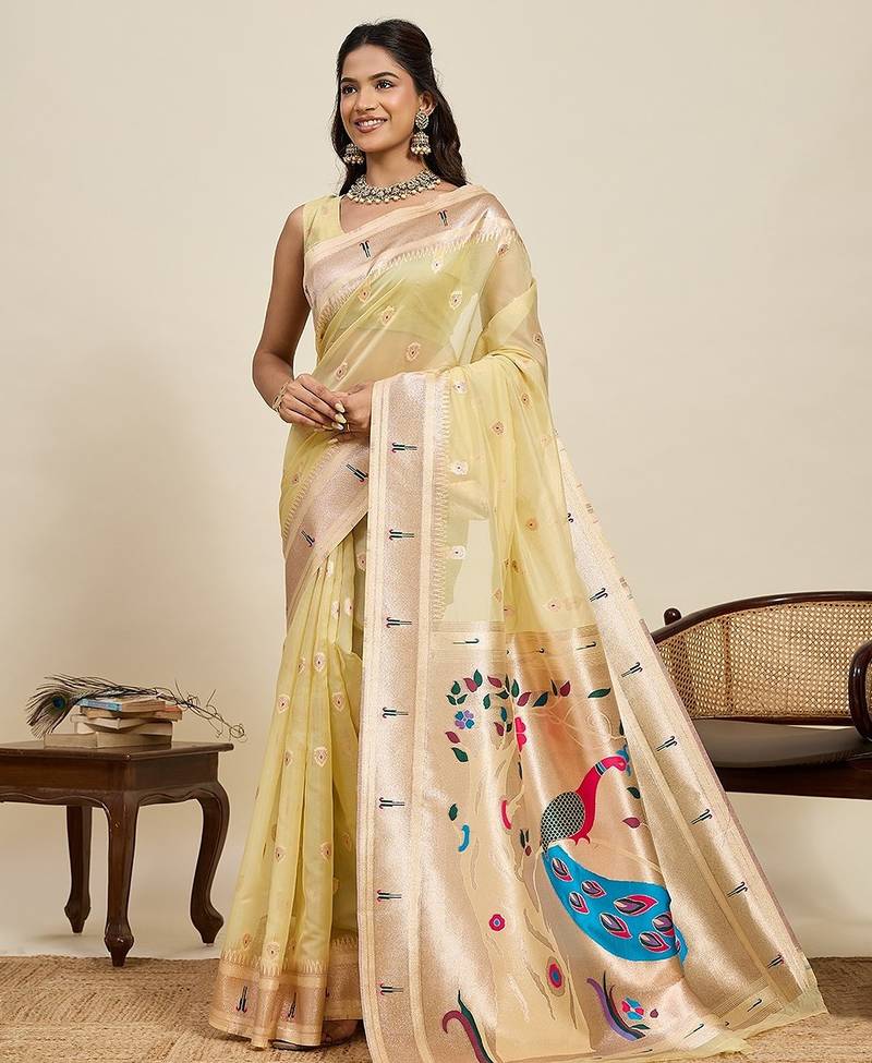 lemon silk blend printed saree with blouse