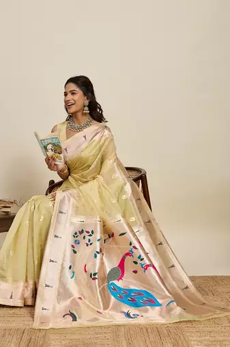 lemon silk blend printed saree with blouse