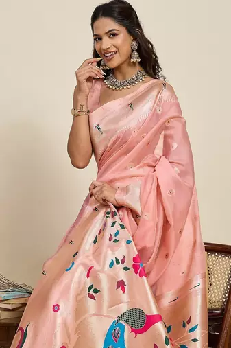 peach silk blend printed saree with blouse