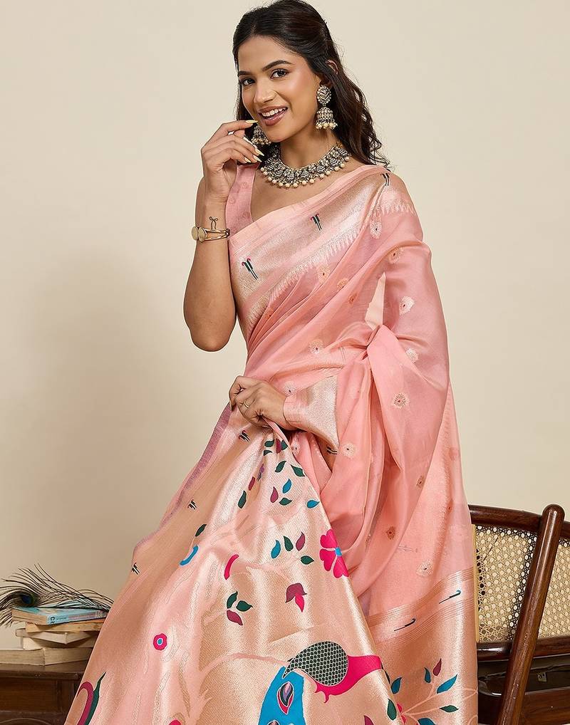 peach silk blend printed saree with blouse