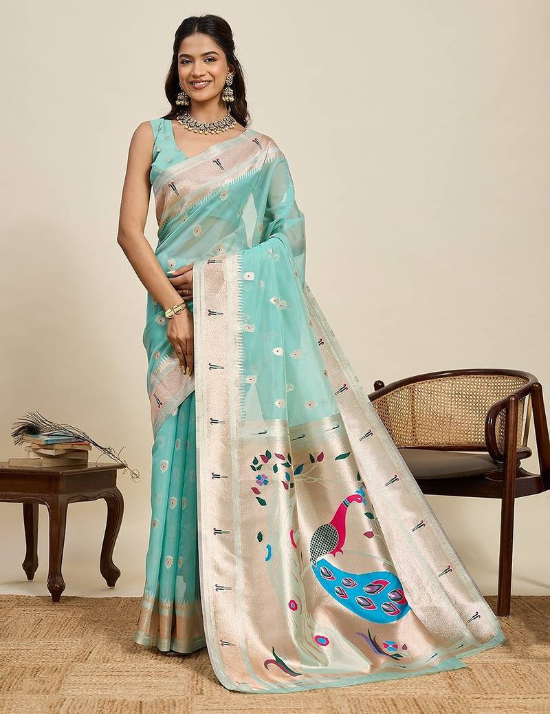 sky blue silk blend printed saree with blouse