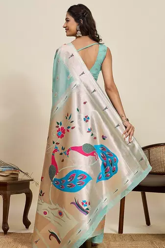 sky blue silk blend printed saree with blouse