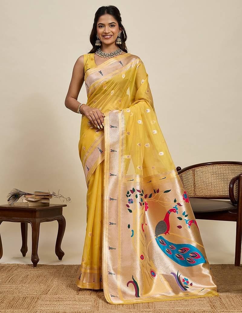 yellow silk blend printed saree with blouse