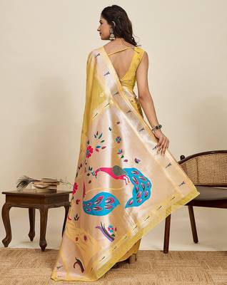 yellow silk blend printed saree with blouse 2
