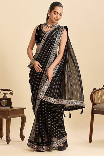 black georgette printed saree with blouse