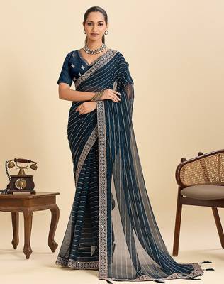 blue georgette printed saree with blouse 1