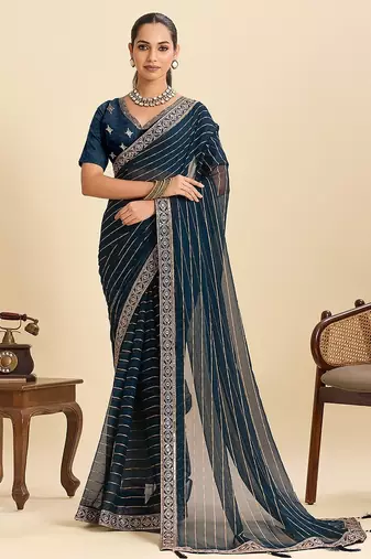 blue georgette printed saree with blouse