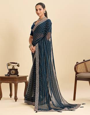 blue georgette printed saree with blouse 2