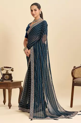 blue georgette printed saree with blouse