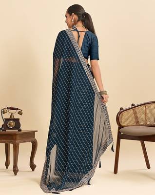 blue georgette printed saree with blouse 3