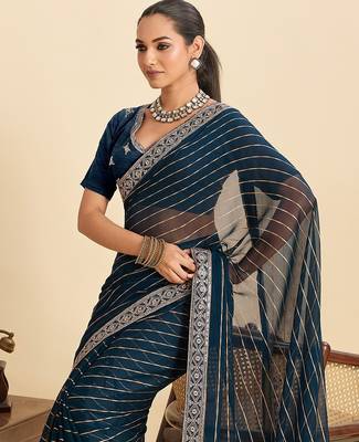 blue georgette printed saree with blouse 4