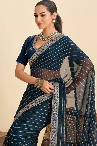 blue georgette printed saree with blouse