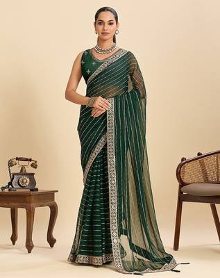green georgette printed saree with blouse 1