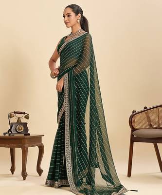 green georgette printed saree with blouse 2