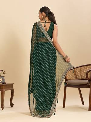 green georgette printed saree with blouse 3