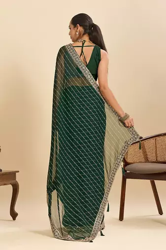 green georgette printed saree with blouse