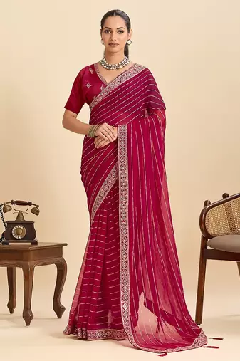 red georgette printed saree with blouse