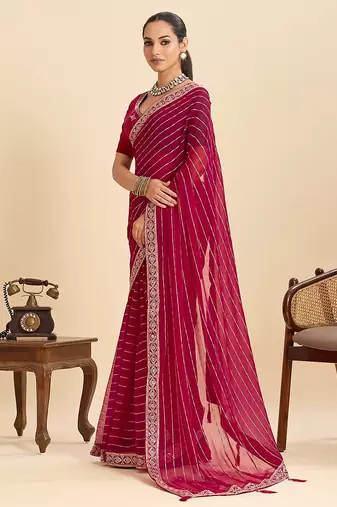 red georgette printed saree with blouse