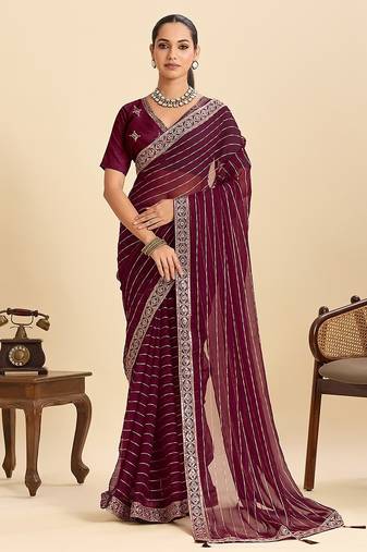 wine georgette printed saree with blouse
