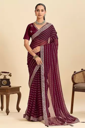 wine georgette printed saree with blouse