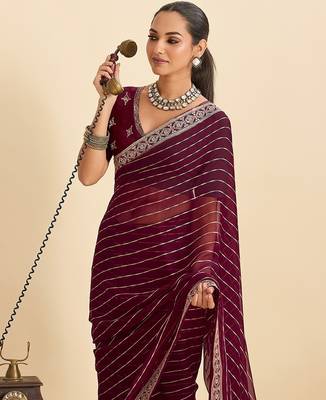 wine georgette printed saree with blouse 4