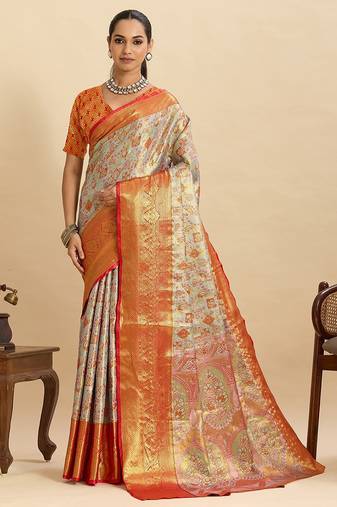 orange silk blend printed saree with blouse