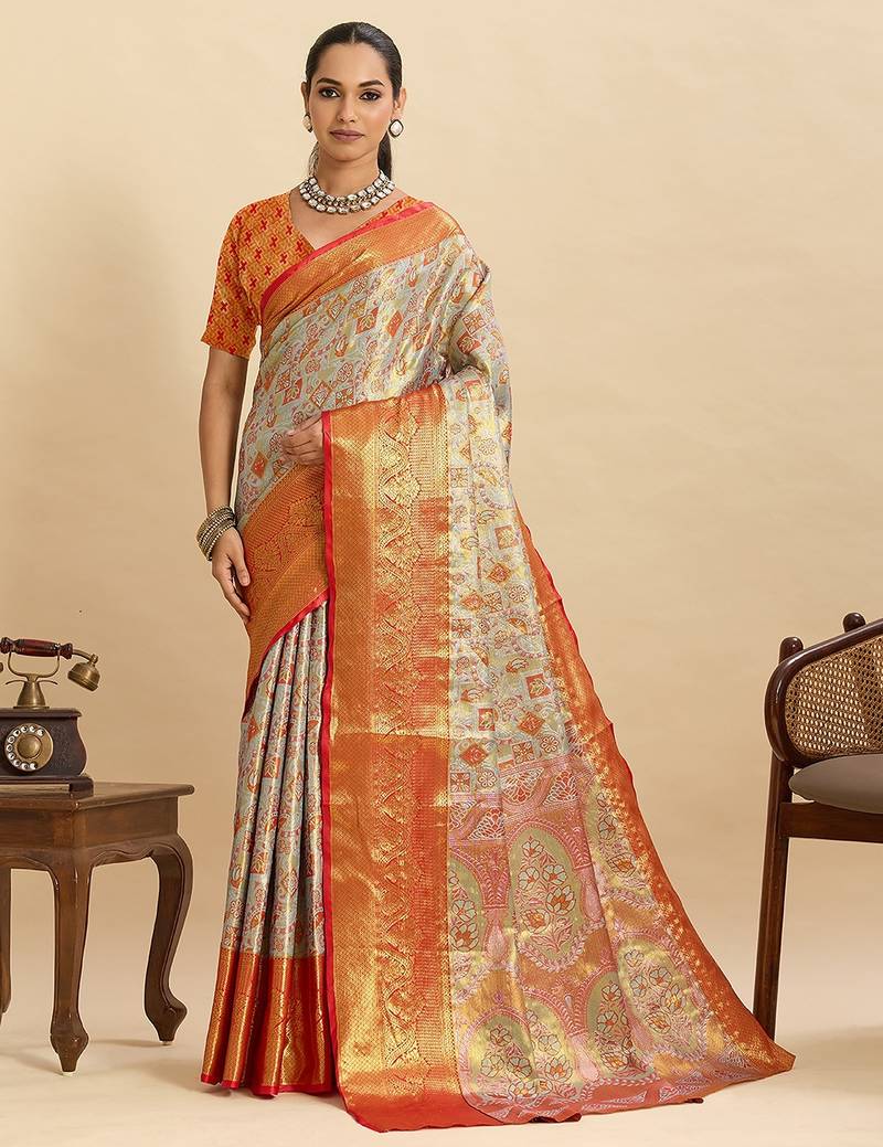 orange silk blend printed saree with blouse