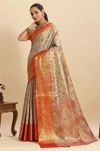 orange silk blend printed saree with blouse