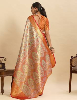 orange silk blend printed saree with blouse 3