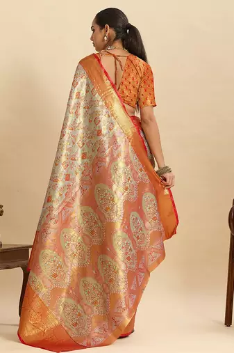 orange silk blend printed saree with blouse