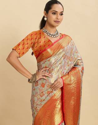 orange silk blend printed saree with blouse 4