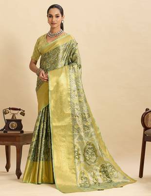 parrot green silk blend printed saree with blouse 1