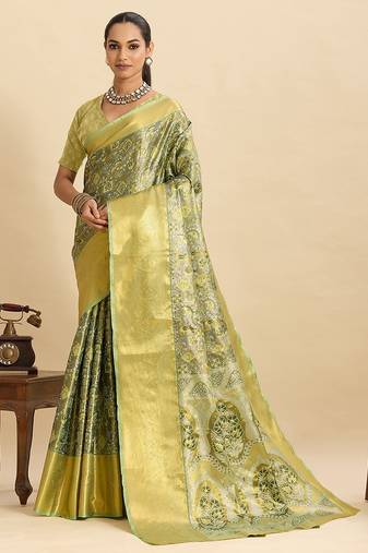 parrot green silk blend printed saree with blouse