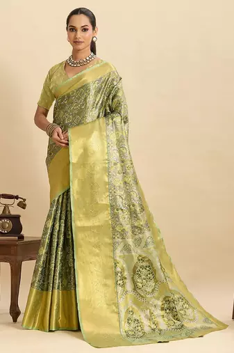parrot green silk blend printed saree with blouse