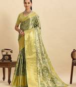 parrot green silk blend printed saree with blouse