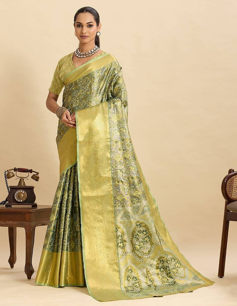 parrot green silk blend printed saree with blouse