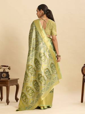 parrot green silk blend printed saree with blouse 3